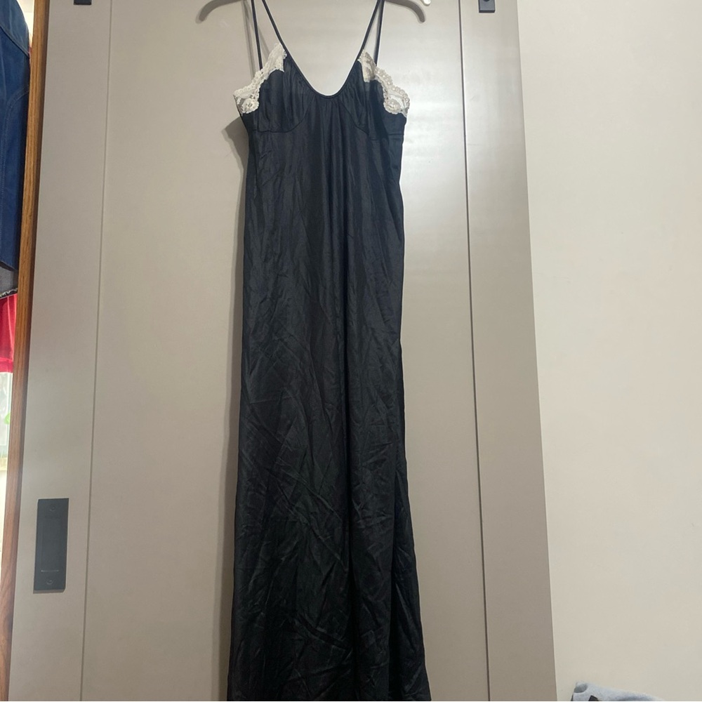 Black Slip Maxi Chemise with White Lace Trim